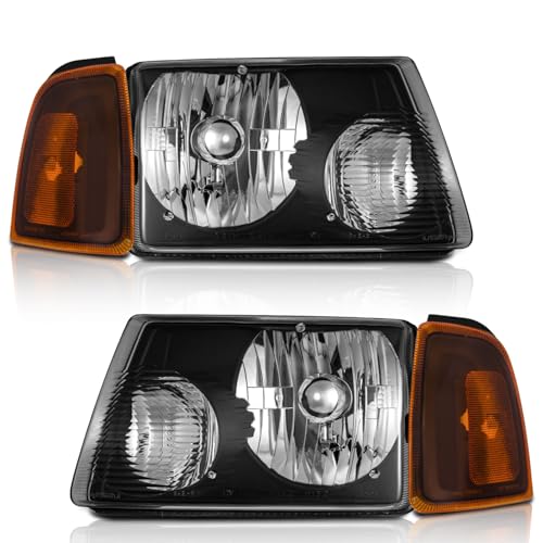WEELMOTO for 2001-2011 ford Ranger Headlights Assembly Headlamp Replacement for 01-11 ford Ranger Black Housing Amber Reflector Left+Right Pair Set