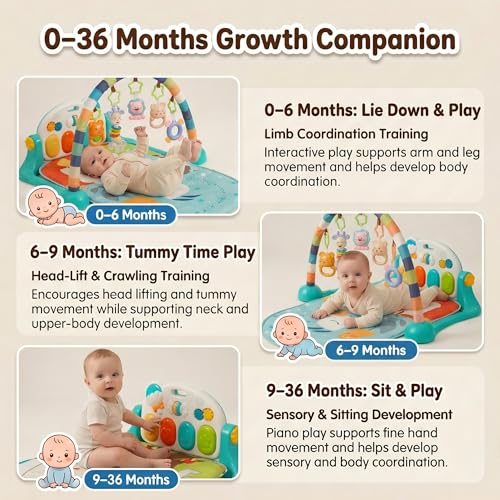 Image of StarAndDaisy Baby Play Gym mat, Kick & Play Gym mat with Adjustable Piano for Baby, Infants & Toddler Gym /Play mat with Hanging rattles Toys Music & Light - Blue