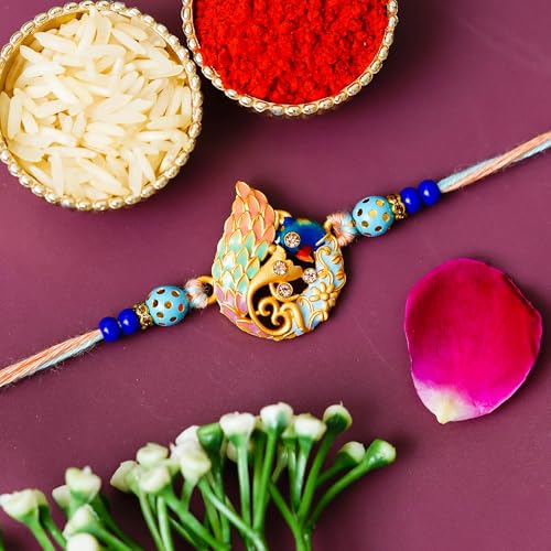 Image of eCraftIndia Designer Pearls Rakhi with Roli Chawal Pack and Raksha Bandhan Greeting Card