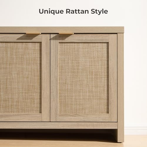 SICOTAS TV Stand for Living Room Boho Entertainment Center for Bedroom with 4 Rattan Cabinets Farmhouse Television Stands with Storage Large Media Console Table for TVs up to 45 50 55 60 65 Inch