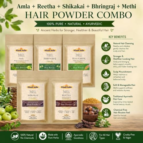 Image of Premium Ayurvedic Amla Reetha Shikakai Bhringraj and Methi Hair Powder Combo for Hair Growth and Hair Fall Control- Pack of 5 (100GM Each)