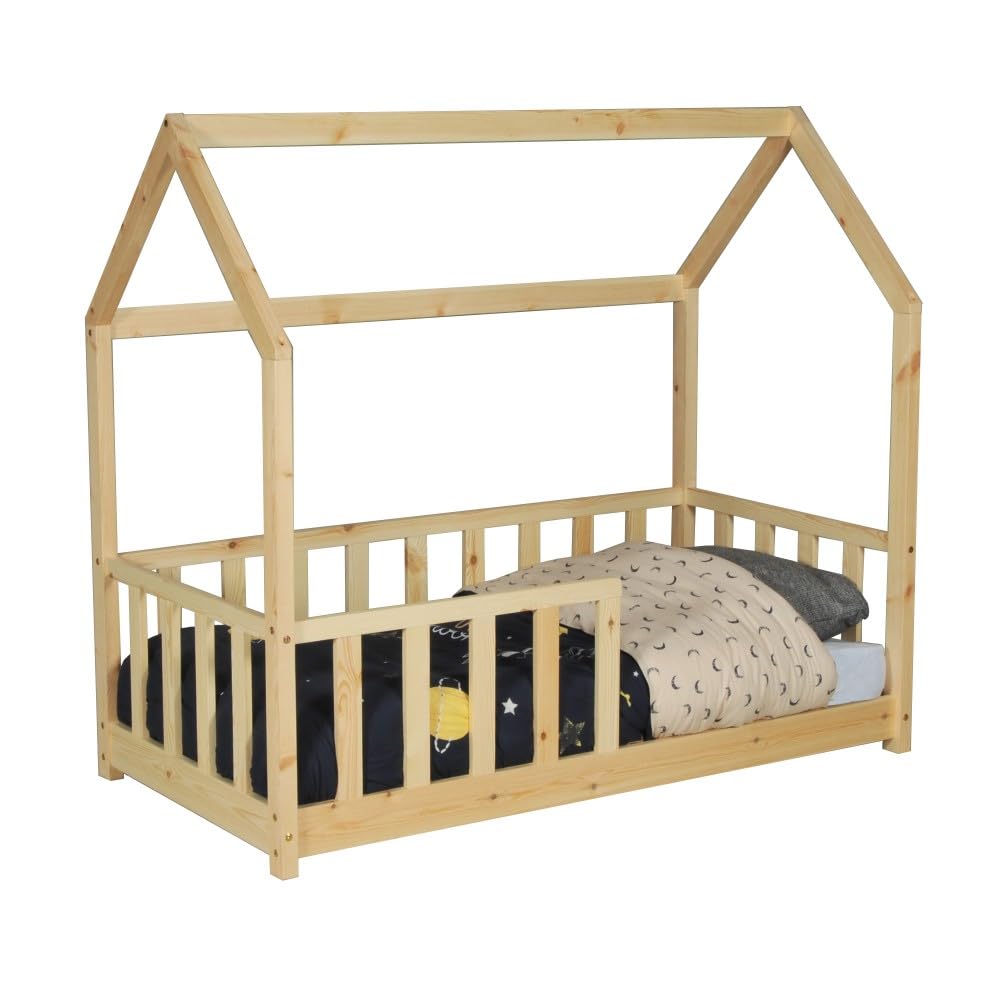 WEBER INDUSTRIES Lit cabane Kiwi 70x140 + 1 sommier + barrière/Bois Clair | 1 sommier inclus, Barrière incluse