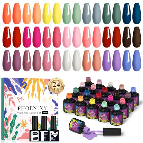 Esmaltes Semipermanentes para Uñas, Phoenixy 24Pcs 7ml 21Colores Pintauñas Semipermanentes con Capa Base Capa Superior Brillante y Mate, Kit Uñas Semipermanentes Esmalte para Manicura