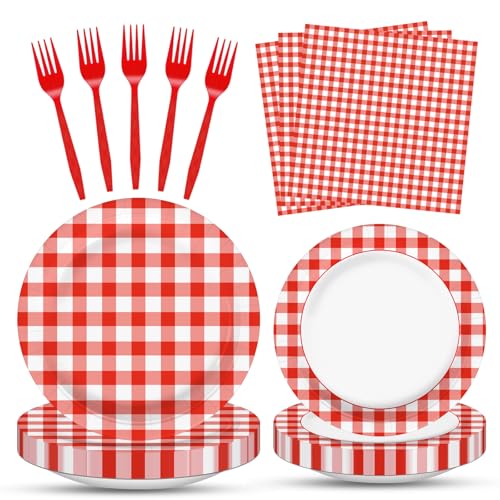100 Pcs Red White Gingham Party Supplies Set Serves 25 Disposable Checkered Paper Plates Napkins and Forks Classic Picnic Themed Tableware for BBQ Outdoor Birthday Holiday Party Decorations
