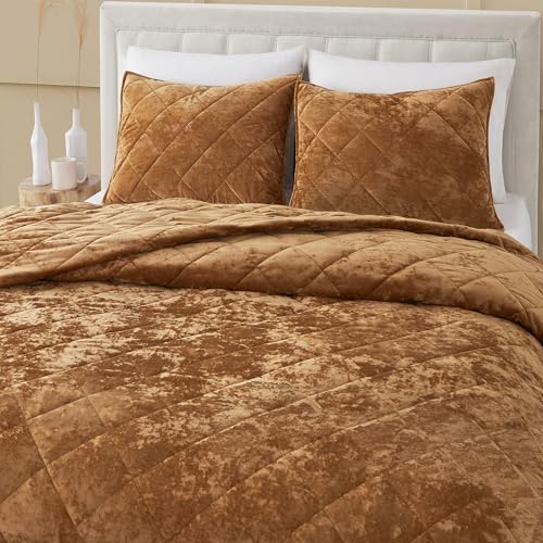 Image of Wonderful Luxury Velvet Caramel Quilt Set King, Diamond Stitch Pattern Bedding,Lightweight Ultra-Soft Skin-Friendly,All-Season,Versatile as Comforter /Bedspread for Adults Teens Kids Bedroom,106 inchx94 inch