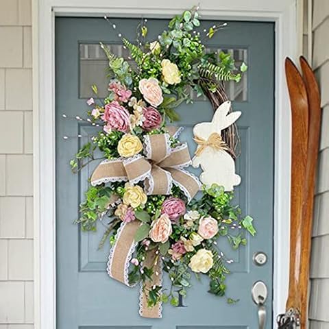 Easter Decor Wreath, Easter Bunny Wreath Front Door Spring Decoration, Easter Artificial Wreath Hanging Garland Ornament Props for Easter Home Wall Wedding Decor Cover