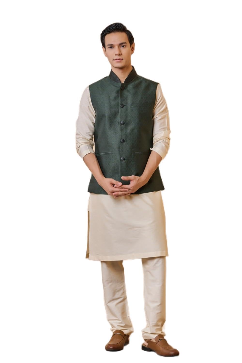 tasva Dark Green Brocade Bundi For Men-picture-23