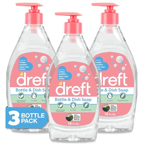 Image of DREFT Bottle and Dish Soap | Made to Clean Baby Bottles, Sippy Cups, Pacifiers, Breast Pumps, & More | Gently Removes Milk Film & Odors | Plant Based, Fragrance Free Dish Soap | 18 Fl Oz (Pack of 3)