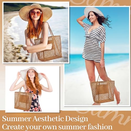 Image of Aliceset 2 Pack Crochet Mesh Beach Tote Bag with Letter Patch Pocket Summer Beach Tote Bohemian Straw Transparent Bag