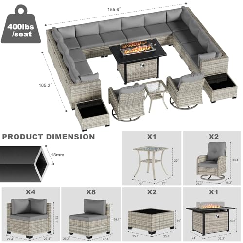 Image of 18-Piece Patio Furniture Set, Outdoor Patio Furniture with 55,000 BTU Fire Pit Table, Swivel Chairs Set, Thick Cushions, Modular Patio Sofa, Dual-Strand Wicker Rattan, Rust-Resistant Frame,Grey