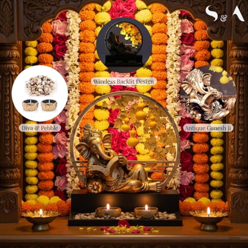 Image of S & A Antique Ganesha Idol with Backlit Design - Decorative Pooja Room & Home Decor Showpiece | Includes Diya & Pebble Arrangement | Festive & Gifting Accent | 26 cm