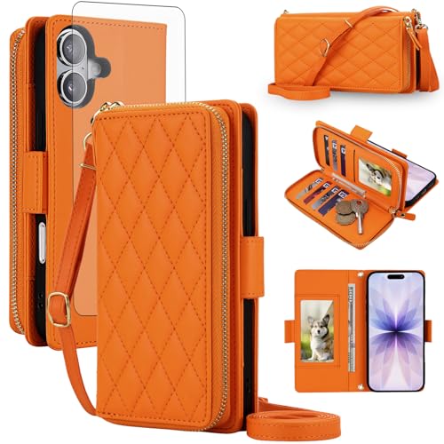 Asuwish Compatible with iPhone 16 6.1 inch Wallet Case Zipper RFID Blocking and Screen Protector Crossbody Lanyard Strap Flip Card Holder Slots i Phone16 i16 16Case Phone Cover for Women Men Orange