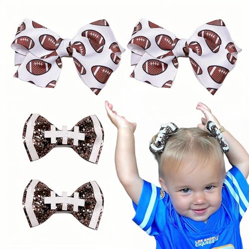 Image of HIFANMM Football Hair Bows for Girls, 4pcs Football Printed Glitter Hair Clips, Super Bowl Baby Hair Accessories Alligator Barrettes Hair Bowknot Toddlers Kids for Party Princess Cosplay Decoration