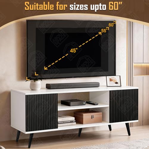 Image of ABOUT SPACE TV Unit - Engineered Wooden TV Stand Table with Bottom Open Storage, Adjustable Shelves & 2 Non-Fluted-Effect Closed Cabinets for WiFi Router Stand (White &Black - L136 x B40.5 x H53 cm)