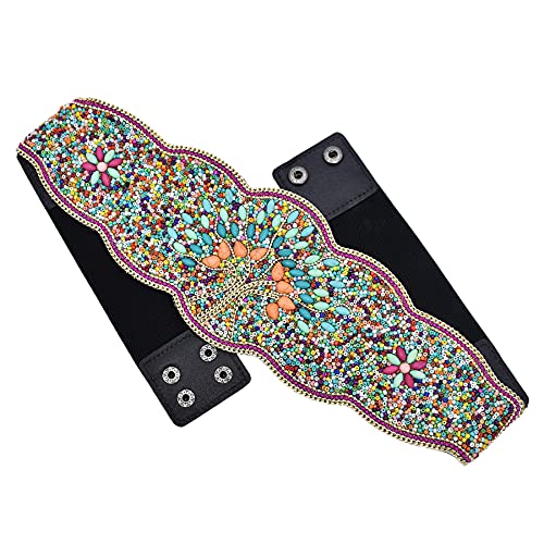 idealway Bohemian Women Belts Wide Stretch Elastic Waist Cinch Belt Handmade Beaded Flower Adjustable Belt for Dresses3