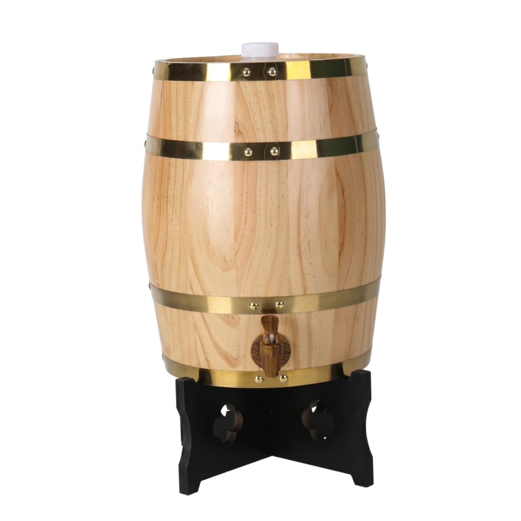 Bemonew Wooden Barrel, 5L Wine & Whiskey Barrel Dispenser With Faucet & Black Stand, Empty Small Whiskey Barrels for Homes Hotels Companies Bars & Kitchens
