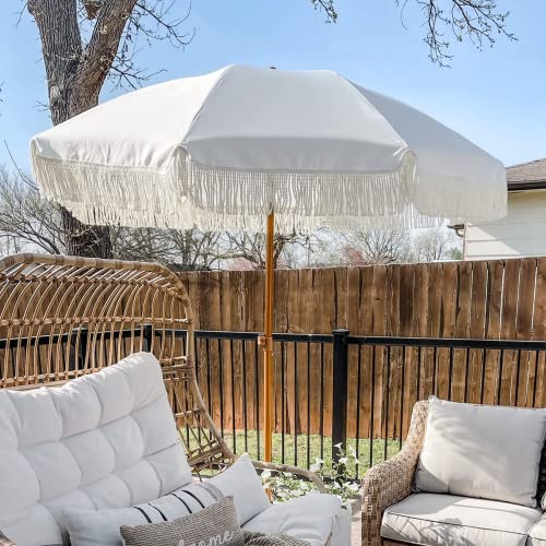 AMMSUN 7ft Patio Umbrella with Fringe, Easy to Set Up, Push Button Tilt, UV 50+ Protection, Outdoor Umbrella with Tassels for Backyard, Pool, Garden, Beach Party, White Cream image 8