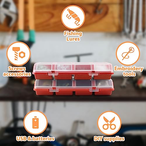 Screw Organizer Storage Bins, 2 Pack Stackable Bins with Lids, Divider Compartment Containers for Garage/Craft Tool Organizing, Tool Cart Cabinet Workbench Drawers Organization and Storage (Red) - Image 3
