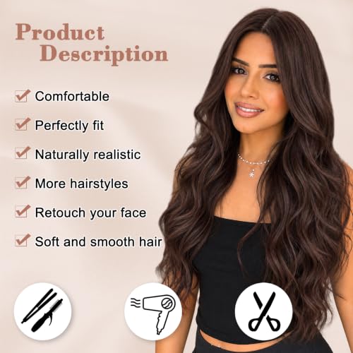 Image of NAYOO Chocolate Brown Wig for Women, 26 Inch Middle Part Wavy Synthetic Wig