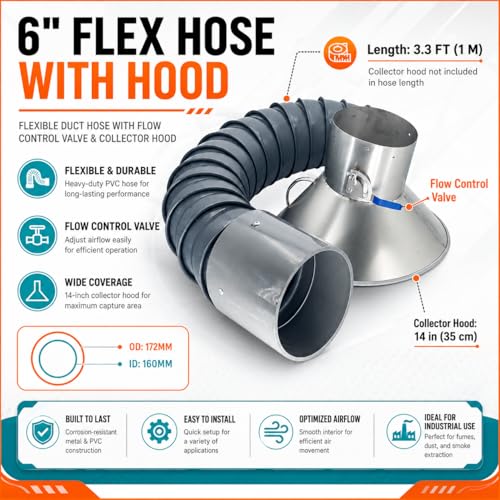 6'' Articulated Hose 3ft Long Air Extractor Flexible Duct Collector Arm with Hood for Laboratory Laser Engraver Soldering Fume Welding Marking Round Nozzle Smoke Remove Pipe by Bay Heights - Image 6