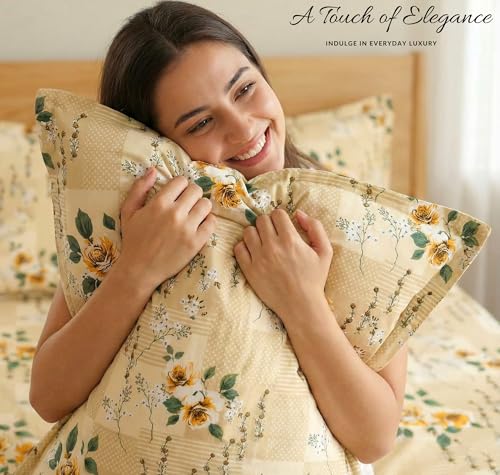 Image of VAS COLLECTIONS 300 TC Premium Cotton Bedsheet Set Double Bed | Soft Breathable Flat Sheet with 2 Pillow Covers | Luxury Printed Bedding | Elegant Durable Bed Linen 230x254 cm (Warm Beige)