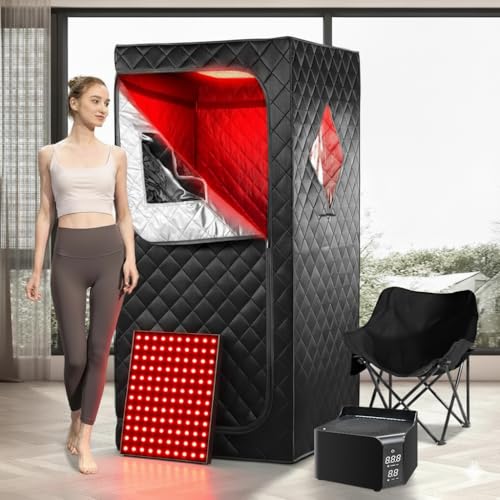 iDOTODO Portable Personal Far Infrared Sauna Box for Home with 660nm Red Light Threapy Panel, Upgraded Infrared Dry Sauna, 140℉, Remote Control, Heating Foot Pad, Upgraded Comfortable Chair