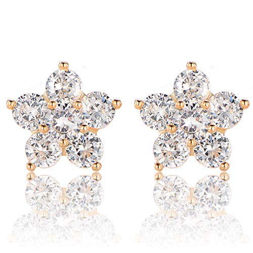 6 Round Cubic Zirconia Flower Shaped Stud Earrings with 18K Yellow Gold Plated for Girls and Women