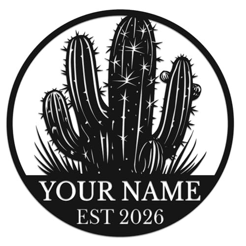 Personalized Cactus Garden Metal Wall Art, Custom Desert Name or Monogram Sign, Southwestern Patio Decor for Yard and Sunroom (Style-2)