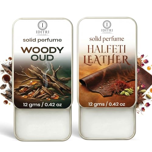 Image of Solid Perfume |Woody oud&Halfeti leather Alcohol Free Wax Perfume Balm, Long Lasting | Pocket Tin 12g, Pack Of 2| Non Greasy Smooth Glide, Travel Friendly Unisex