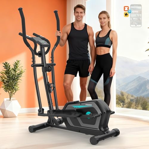 Neezee Ultraleiser Crosstrainer für Zuhause mit 16-Stufiger Widerstandsstufen, 6 kg Magnetischem Schwungrad, Bluetooth-App, Crosstrainer mit LCD-Monitor, Pulssensor, Flaschenhalter-Gerätehalterung