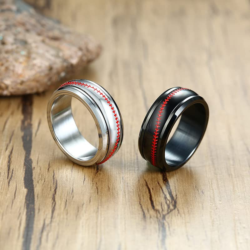 Unisex Stainless Steel 8mm Simple Personality Baseball Pattern Rotatable Fidget Ring Domed Style4