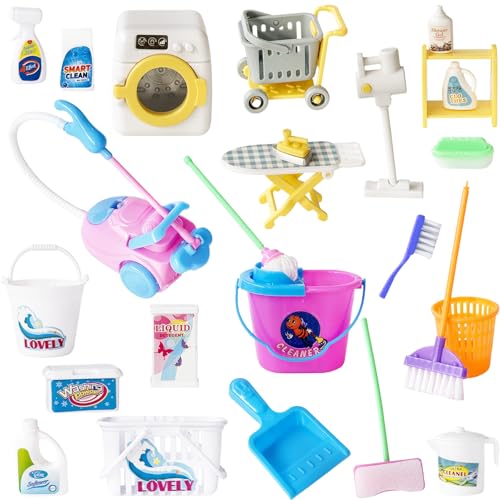 25 Pieces Miniature Doll Housework Cleaning Supplies Mini Dollhouse Accessories Tools Mop Dustpan Brush Broom Bucket Dollhouse Furniture Decoration Accessories for Dolls Pretend Play Random Color