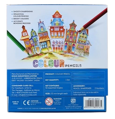 Image of Doms Colour Pencils, Pack of 50 Shades | 2 Pencil Sharpeners Free, Pre-Sharpened, Hexagonal Body Shape, Bright Colours, Accurate Bonding Process