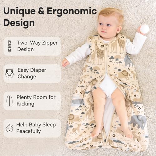 Image of Baby Sleep Sack 6-12 Months TOG 2.5 Winter Baby Wearable Blanket, 100% Cotton Toddler Sleeping Sack with 2-Way Zipper Warm Soft Apricot Zebra