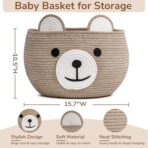 Image of CherryNow Baby Basket for Nursery, Bear Gift Baskets for Kids, Baby Shower Basket with Handles, Small Cute Animal Baskets, Light Brown, 15.7 inch D x 10.5 inch H