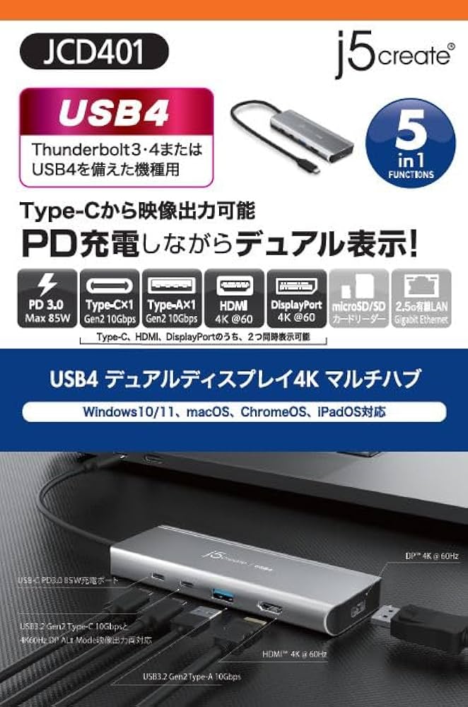 j5create USB4端子対応 5in1 Intel JCD401 JCD401_1-1_grande.jpg?v=1657091701