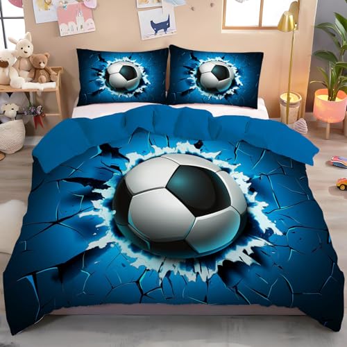 Bleu Blanc Ballon De Football Mural Endommagé Parure De Lit 200X200Cm 3D Illustration Abstraite Parure Housse De Couette Décoratif Motif Parure De Lit 3 Pièces Doux Microfibre Et Taies D'Oreiller