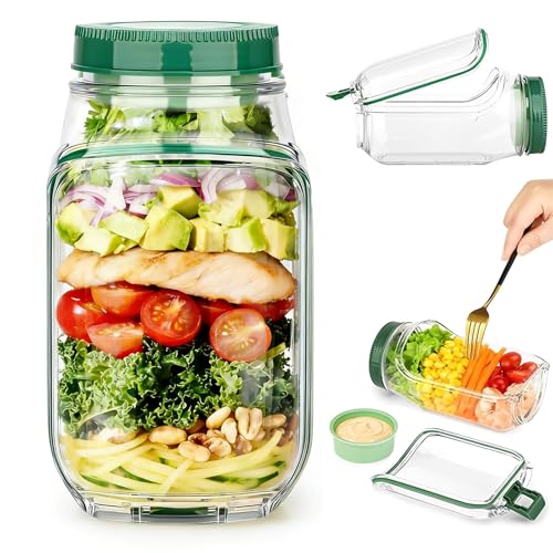 Photyri Salad Pod Container with Side Opening Leak-Proof Portable Salad jars With Dressing Cup Perfect for Home Office & Travel Lunches Upgraded-leakproof (Green 1pack)