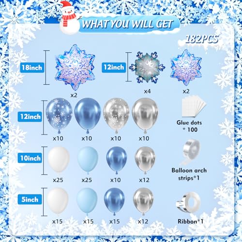 Image of Snowflake Balloon Arch Garland Kit 182pcs, Frozen Balloon Arch Kit Silver Blue White Wonderland Balloons for Winter Wonderland Christmas Baby Shower Snow Princess Birthday Party Decorations