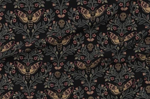 Spoonflower Fabric - Death Head Moth Gothic Belladonna Skull Black Green Large Scale Printed on Cotton Lawn Fabric by The Yard -