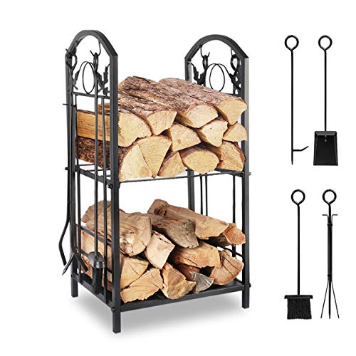 Lovinouse 2 Layer Firewood Log Rack with 4 Fireplace Tools Sets, Black Heavy Duty Wrought Iron Lumber Holder Storage Stacking Carrier for Indoor Outdoor Backyard Patio