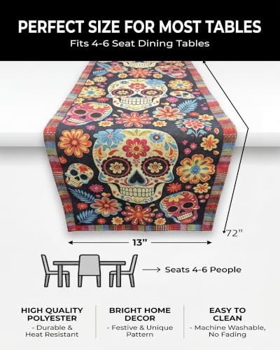 REPROE Dia De Los Muertos Table Runner, Sugar Skull Floral 13x72 - image 2