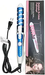 Modelador de Cachos Automático Profissional, Ferro de Ondular Elétrico, Azul e Branco, com Tecnologia de Enrolamento Automático para Cachos Perfeitos e Duradouros