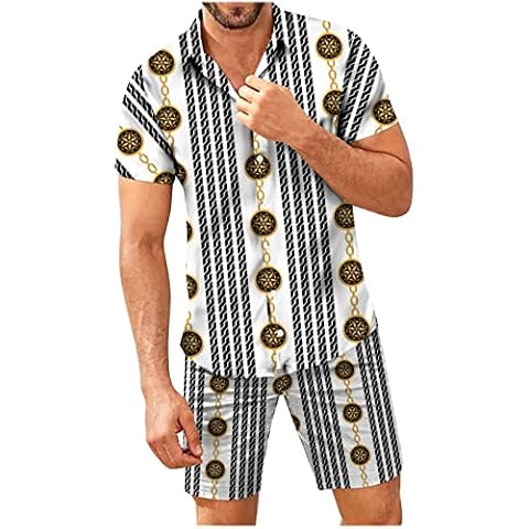 JAYYOU Mens 2Pcs Summer Tracksuit Short Sleeve Clothes Set Hawaiian Beachwear Set Summer Boho Shirt Shorts 2-Piece Set Casual Outfits White, L Cover