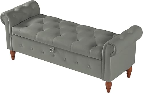 Miniatura 56 de Aoowow Banco de almacenamiento de 63 pulgadas para dormitorio, extremo de la cama, sofá otomano enrollado de tela de terciopelo armado, banco largo