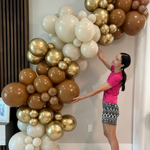 Image of HILAVO Brown and Gold Balloons 12 Inch Double Stuffed Dark Coffee Tan Cream Beige Sand Nude Neutral Latex Balloon Confetti Balloons for Boho Birthday Rodeo Thanksgiving Baby Bridal Shower Party Decor
