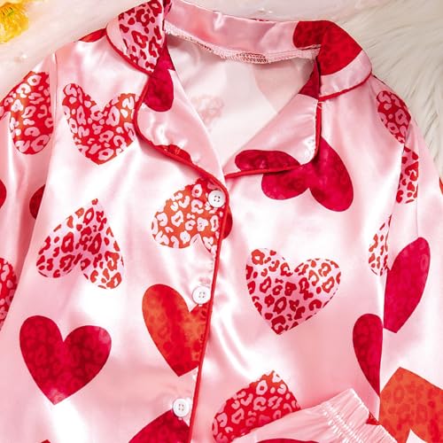 Kids Girls Satin Silk 𝐏ajamas Set Cute Heart Lightweight Button Long Sleeve 𝗦leepwear Elastic Waist Pants Set2