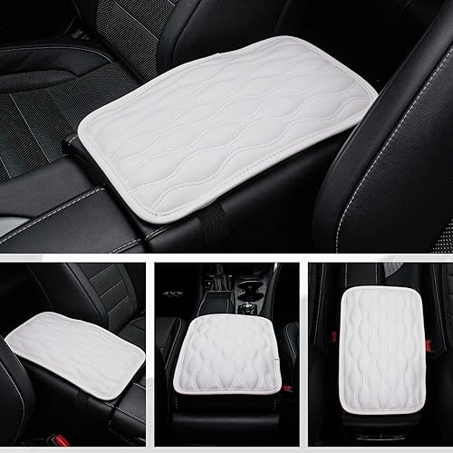 Image of Amiss Auto Center Console Pad, Universal Waterproof Car Armrest Seat Box Cover, Car Interior Accessories, Leather Auto Armrest Cover Protector for Most Vehicle, SUV, Truck, Car (White)