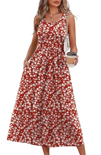 WIHOLL Summer Dresses for Women 2025 Spring Dresses 2026 Sleeveless Scoop Neck Beach Vacation Flowy Midi Dresses Cute Casual Sundresses for Women Maxi Sun Dress Red Floral L