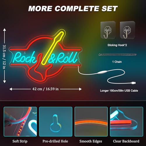 Image of Guitar Rock and Roll Neon Sign Music LED Neon Light Wall Decor for Party | Guitar shape light up sign, music room decoration for bars,music studios, man caves, parties, adjustable brightness, USB